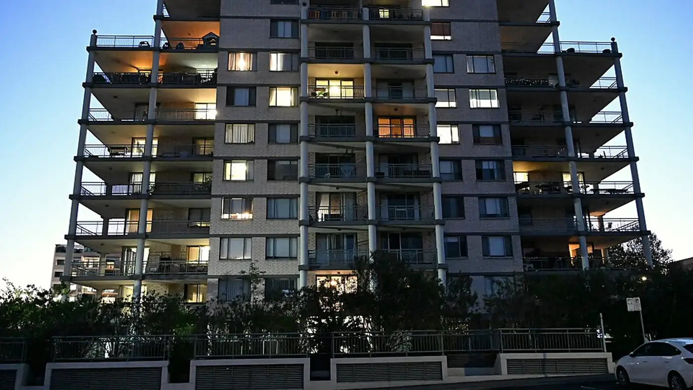 Apartment towers in Sydney's inner north viewed from a nearby street