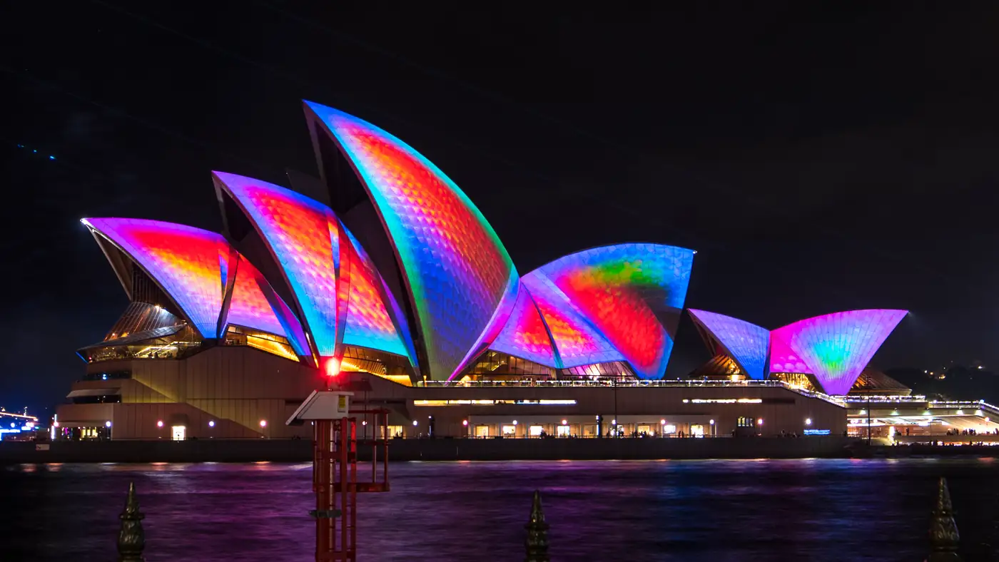 Sydney Festival 2027 Opera House forecourt CBD festival lights crowd