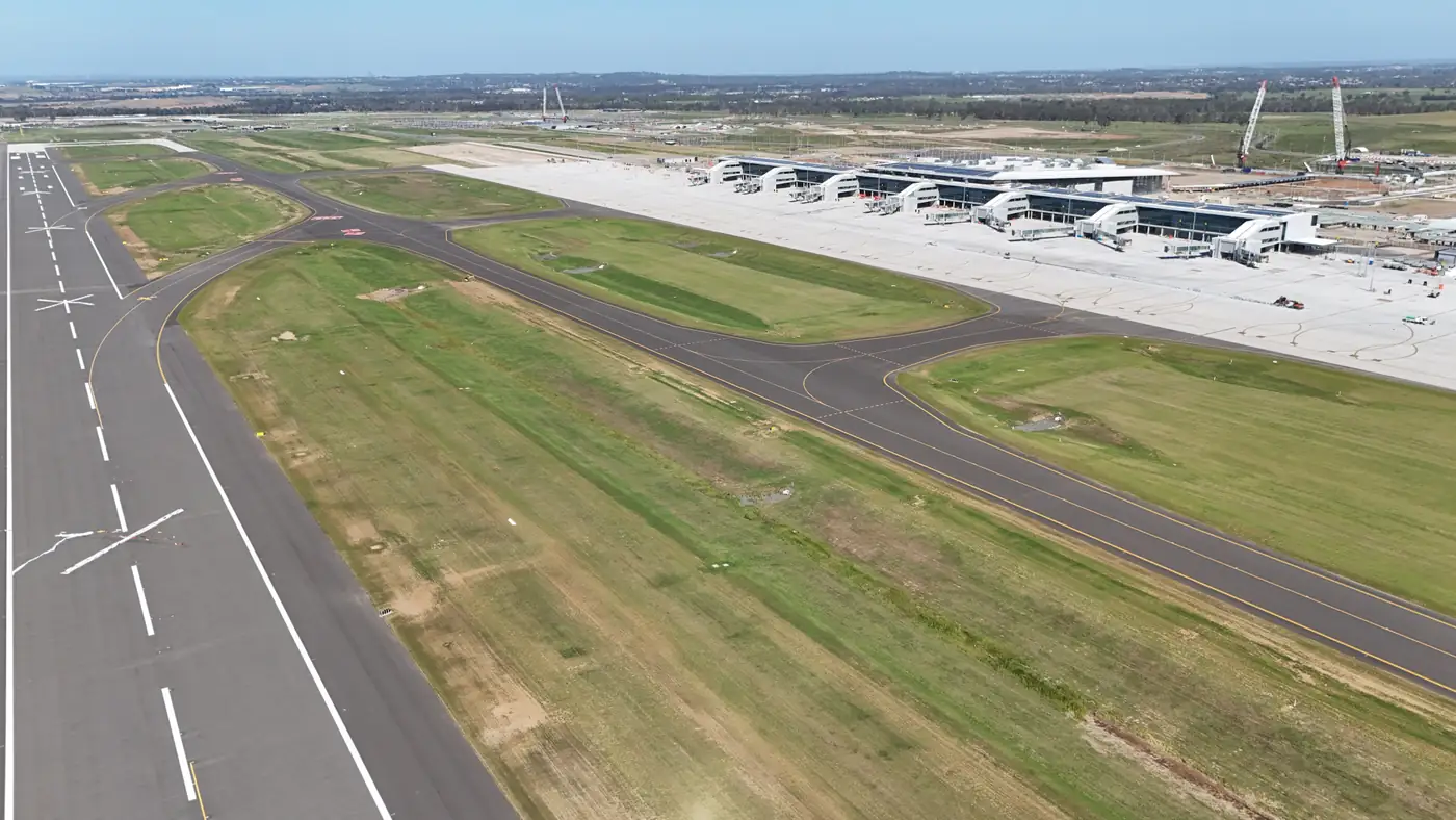 Western Sydney International Airport terminal building with surrounding development